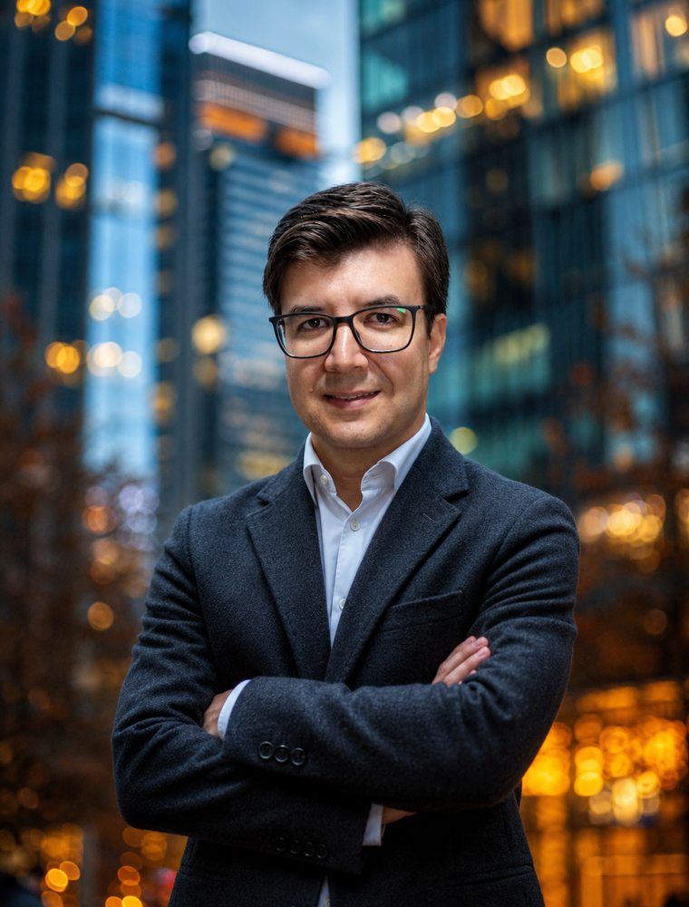 Johnis Pastori Jr. em pé, em ambiente corporativo noturno